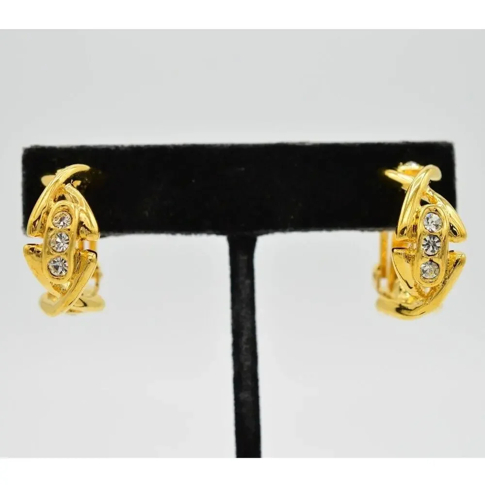 Vintage Crystal Clip On Earrings Gold Dangle X Rhinestone Chunky NOS 1980s 9L